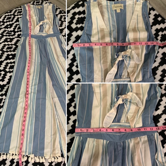 ANTHROPOLOGIE Cleobella Blue Ivory Striped Tassel Canela Wide Leg Jumpsuit Small - Picture 12 of 12